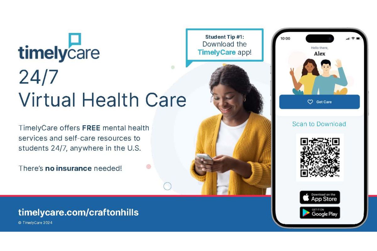 TimelyCare offers free mental health services and self-care resources to students 24/7, anywhere in the US. No insurance needed. Download the TimelyCare App.